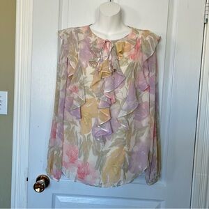 NWT Lauren Ralph Lauren Pastel Floral Blouse M Women Ruffle Longsleeves